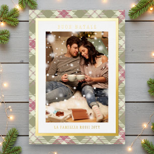Tarjeta Festiva Con Relieve Metalizado Buon Natale Pink Green Plaid Tartan Photo