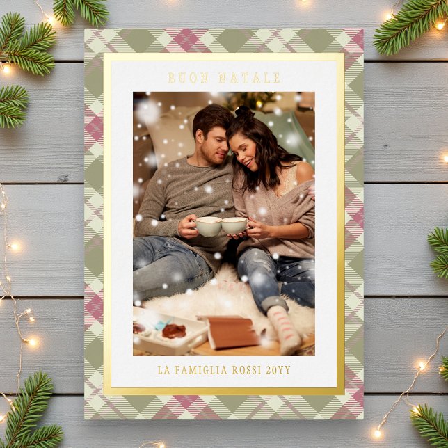 Tarjeta Festiva Con Relieve Metalizado Buon Natale Pink Green Plaid Tartan Photo (Subido por el creador)