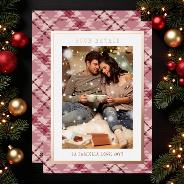 Tarjeta Festiva Con Relieve Metalizado Buon Natale Rosa Plaid Tartan Photo (Subido por el creador)