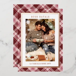 Tarjeta Festiva Con Relieve Metalizado Buon Natale Rosa Red Plaid Tartan Photo