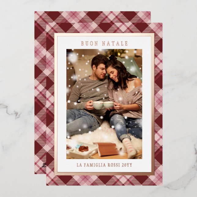 Tarjeta Festiva Con Relieve Metalizado Buon Natale Rosa Red Plaid Tartan Photo (Anverso/Reverso)