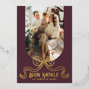 Tarjeta Festiva Con Relieve Metalizado Buon Natale Simple Coquette Moderno Bow Photo