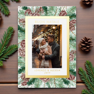 Tarjeta Festiva Con Relieve Metalizado Buon Natale Watercolor Pine Floral Foto