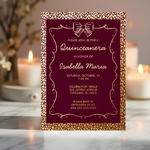 Tarjeta Festiva Con Relieve Metalizado Burgandy Relieve metalizado dorado Quinceañera Inv