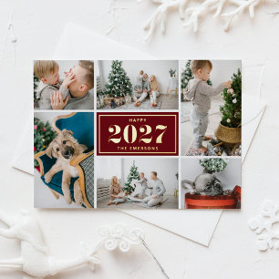Tarjeta Festiva Con Relieve Metalizado Burgundy 2027 Retro Seis Fotos Collage Año Nuevo