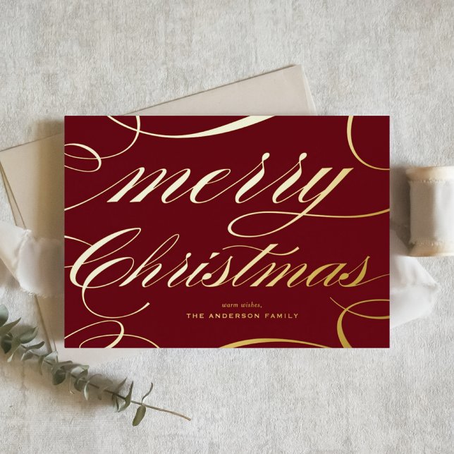 Tarjeta Festiva Con Relieve Metalizado Burgundy Elegant Flourish Script Merry Christmas (This burgundy Merry Christmas card features a beautiful flourish script in gold foil.)