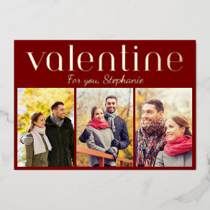 Tarjeta Festiva Con Relieve Metalizado Burgundy Romántico 3 Colaje de Fotos Día de San Va