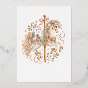 Tarjeta Festiva Con Relieve Metalizado Caballo de carrusel elegante cuento de hadas franc