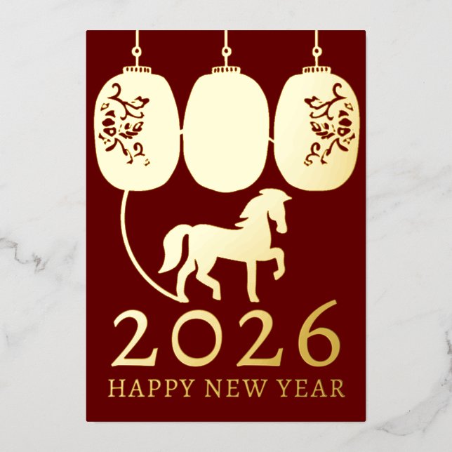 Tarjeta Festiva Con Relieve Metalizado Caballo de oro del año nuevo lunar moderno (Anverso)