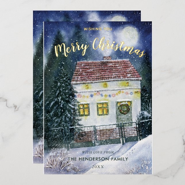 Tarjeta Festiva Con Relieve Metalizado Cabaña de Fiesta Cubierta de Nieve Acuarela (Anverso/Reverso)