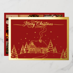 Tarjeta Festiva Con Relieve Metalizado Cabina de invierno acogedora, Feliz Navidad en roj