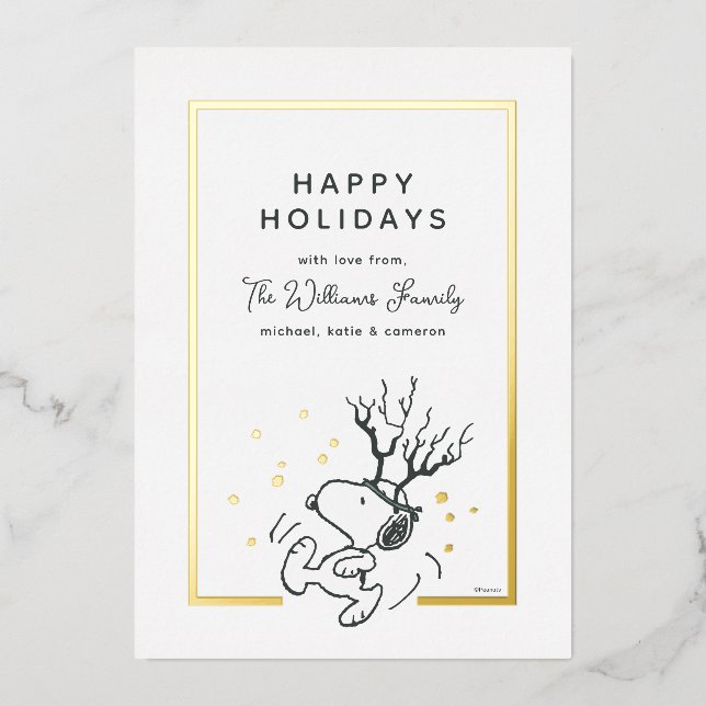 Tarjeta Festiva Con Relieve Metalizado Cacahuetes | Foto de Snoopy Reindeer Family (Anverso)