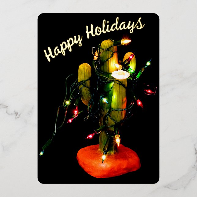 Tarjeta Festiva Con Relieve Metalizado Cactus Candle Wrapped in Christmas Lights (Anverso)