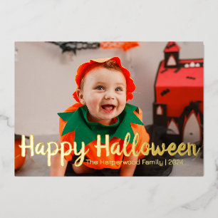 Tarjeta Festiva Con Relieve Metalizado Calabaza boo jack-o-lantern feliz Halloween Foto