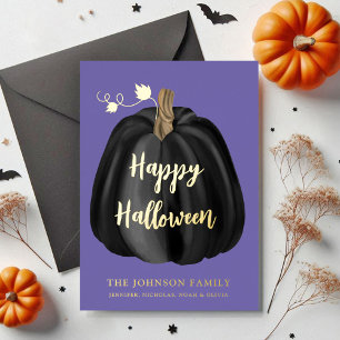 Tarjeta Festiva Con Relieve Metalizado Calabaza Morada Linda Feliz Halloween Dorado
