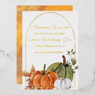 Tarjeta Festiva Con Relieve Metalizado Calabazas Elegantes Naranja Blanco Verde Escritura