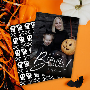 Tarjeta Festiva Con Relieve Metalizado Calavera espeluznante y fantasma Boo! Script Foto