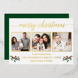 Tarjeta Festiva Con Relieve Metalizado Caligrafía 3 Navidades de fotografía Holly Green G