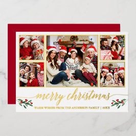 Tarjeta Festiva Con Relieve Metalizado Caligrafía 5 Navidades de fotografía Red Gold