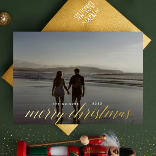Tarjeta Festiva Con Relieve Metalizado Caligrafía con presión dorada Fotos navideñas