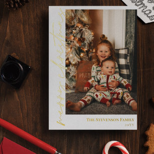 Tarjeta Festiva Con Relieve Metalizado Caligrafía de oro blanco Foto Feliz Relieve metali