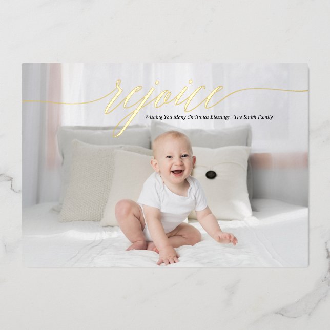 Tarjeta Festiva Con Relieve Metalizado Caligrafía de regocijo elegante personalizada (Anverso)