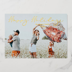 Tarjeta Festiva Con Relieve Metalizado Caligrafía del guión de las vacaciones felices Min