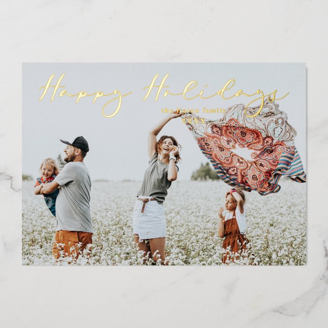 Tarjeta Festiva Con Relieve Metalizado Caligrafía del guión de las vacaciones felices Min (Anverso)