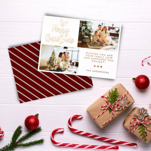 Tarjeta Festiva Con Relieve Metalizado Caligrafía Dos Navidades a rayas fotográficas Rosa