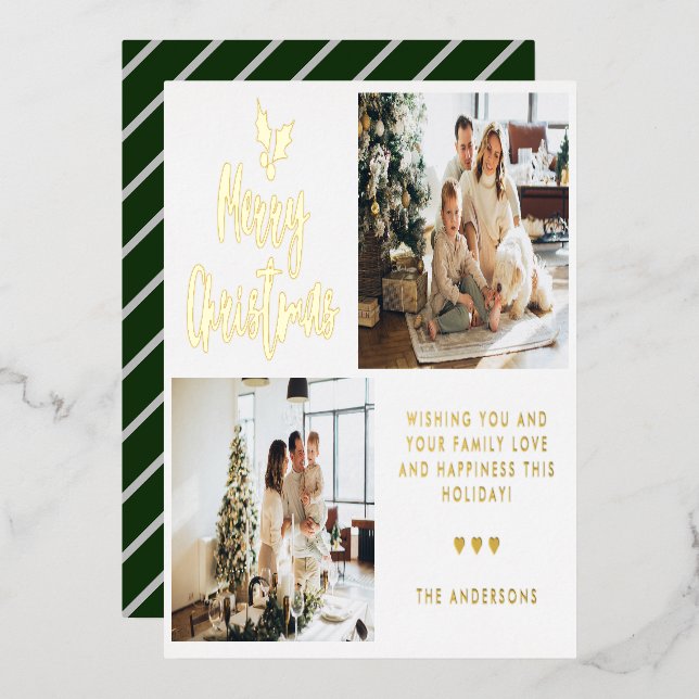 Tarjeta Festiva Con Relieve Metalizado Caligrafía dos Navidades de clase a rayas fotográf (Anverso/Reverso)