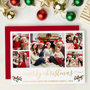 Tarjeta Festiva Con Relieve Metalizado Caligrafía Feliz Navidad Rojo 5 Foto Oro