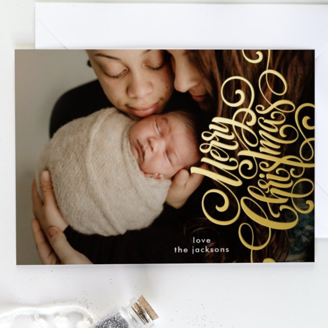 Tarjeta Festiva Con Relieve Metalizado Caligrafía lateral Fotos de oro navideñas (Subido por el creador)