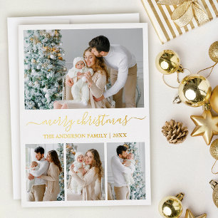 Tarjeta Festiva Con Relieve Metalizado Caligrafía moderna 4 Navidades de fotografía Gold