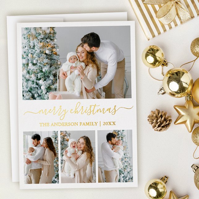 Tarjeta Festiva Con Relieve Metalizado Caligrafía moderna 4 Navidades de fotografía Gold (Gold Foil 4 Photo Christmas Card)