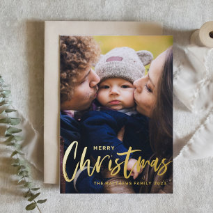 Tarjeta Festiva Con Relieve Metalizado Caligrafía moderna rústica Foto Feliz Navidad
