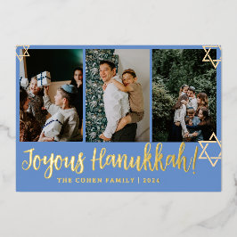 Tarjeta Festiva Con Relieve Metalizado Calligrafía azul La familia más feliz de Hanukkah 