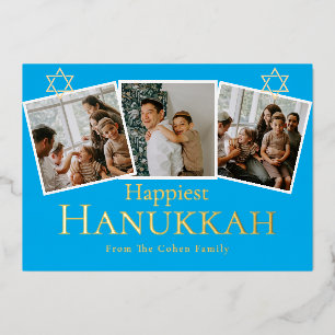 Tarjeta Festiva Con Relieve Metalizado Calligrafía azul La familia más feliz de Hanukkah