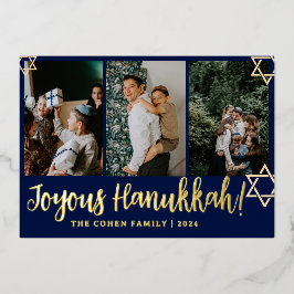 Tarjeta Festiva Con Relieve Metalizado Calligrafía azul La familia más feliz de Hanukkah 