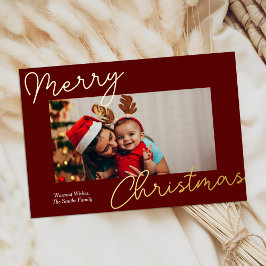 Tarjeta Festiva Con Relieve Metalizado Calligrafía de oro rojo Feliz Navidad simple foto