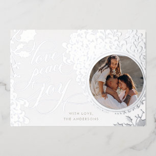 Tarjeta Festiva Con Relieve Metalizado Calligrafía vintage Amor, Alegría, Paz 1 Foto