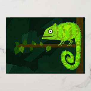 Tarjeta Festiva Con Relieve Metalizado Camaleón verde lindo