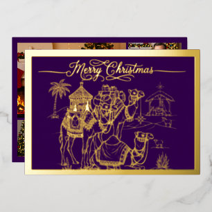 Tarjeta Festiva Con Relieve Metalizado Camellos, pesebre, Feliz Navidad en morado, oro