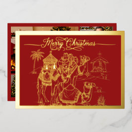 Tarjeta Festiva Con Relieve Metalizado Camellos, pesebre, Feliz Navidad en rojo, oro