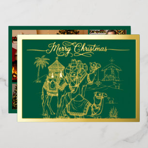 Tarjeta Festiva Con Relieve Metalizado Camellos, pesebre, Feliz Navidad en verde, oro