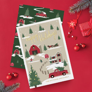 Tarjeta Festiva Con Relieve Metalizado Camión Rojo de la granja de árboles de navidad de