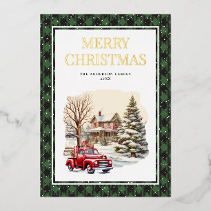 Tarjeta Festiva Con Relieve Metalizado Camión Rojo Feliz Navidad Plaid Verde Búfalo Dorad