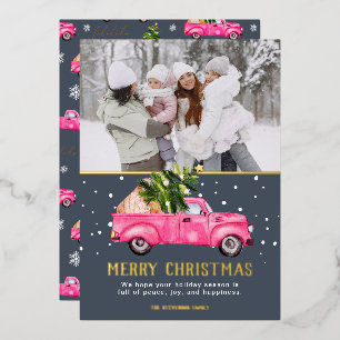 Tarjeta Festiva Con Relieve Metalizado Camión rojo rosa vintage árbol de Navidad foto azu