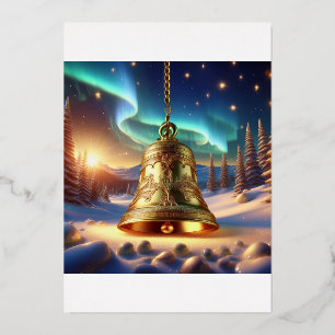 Tarjeta Festiva Con Relieve Metalizado Campana de Navidad dorada en una escena invernal n
