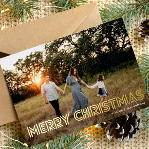 Tarjeta Festiva Con Relieve Metalizado Capital Bold Esbozo ORO Merry Fotos de Navidad