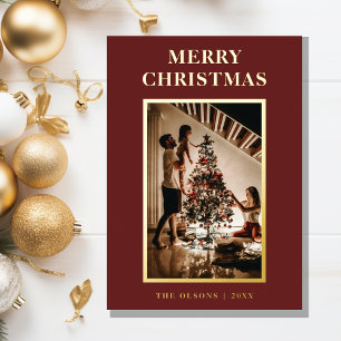 Tarjeta Festiva Con Relieve Metalizado Carta roja y foto de los Navidades clásicos minima